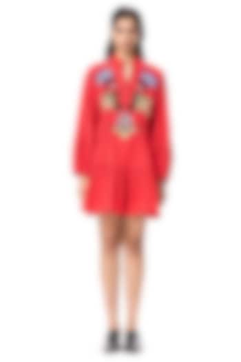 Red Linen Blend Hand Embellished Mini Vacation Dress by Kanika Goyal at Pernia's Pop Up Shop