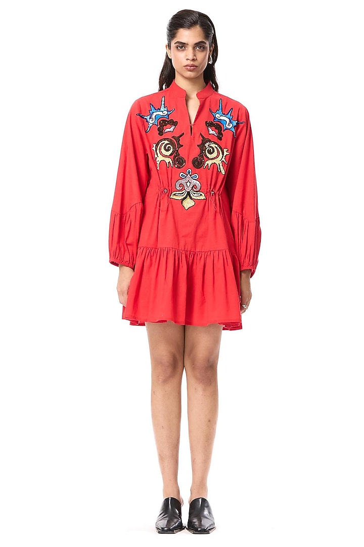 Red Linen Blend Hand Embellished Mini Vacation Dress by Kanika Goyal at Pernia's Pop Up Shop