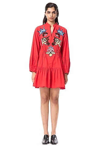 Red Linen Blend Hand Embellished Mini Dress by Kanika Goyal