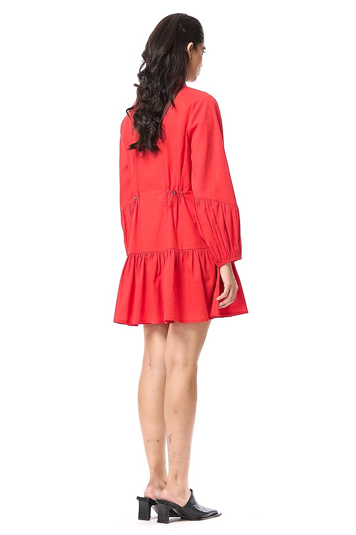 Red Linen Blend Hand Embellished Mini Vacation Dress by Kanika Goyal at Pernia's Pop Up Shop