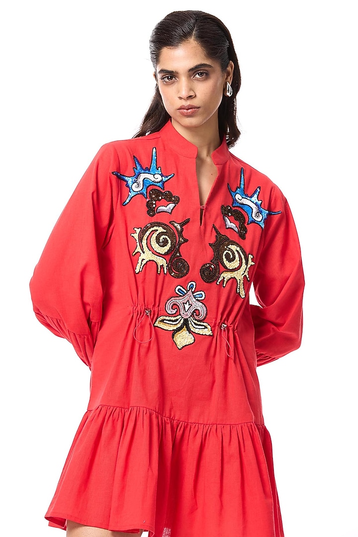 Red Linen Blend Hand Embellished Mini Vacation Dress by Kanika Goyal at Pernia's Pop Up Shop