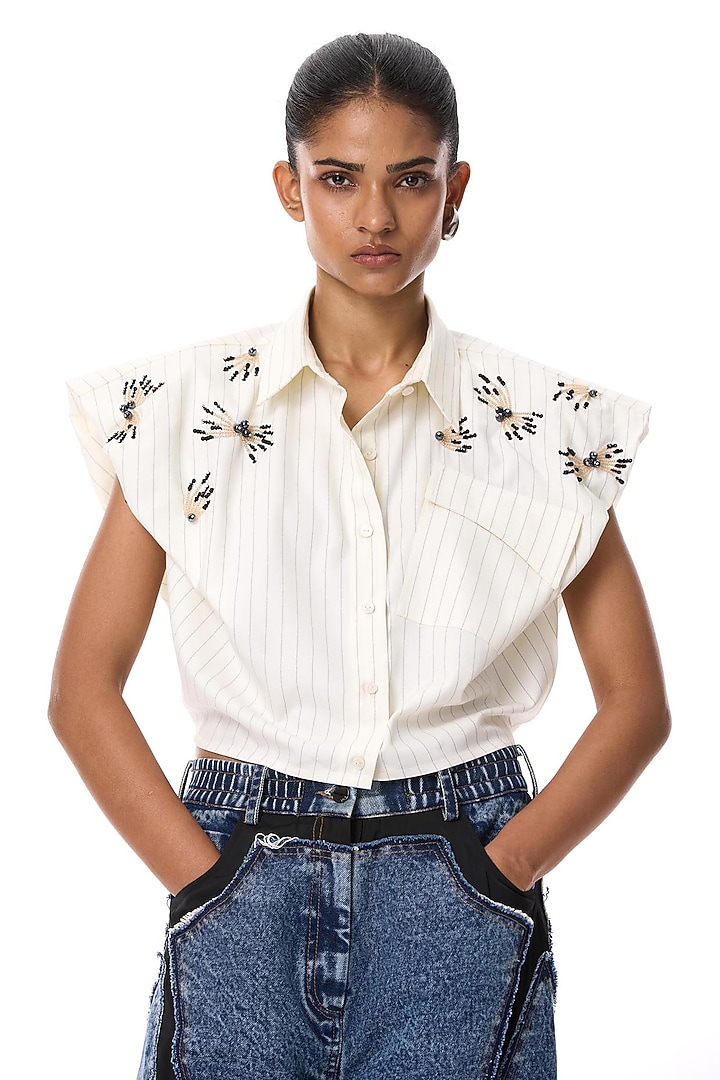 Ivory Polyester Hand Embellished Shirt by Kanika Goyal at Pernia's Pop Up Shop