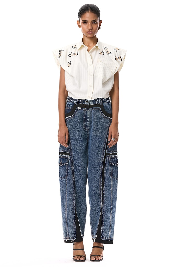 Ivory Polyester Hand Embellished Shirt by Kanika Goyal at Pernia's Pop Up Shop