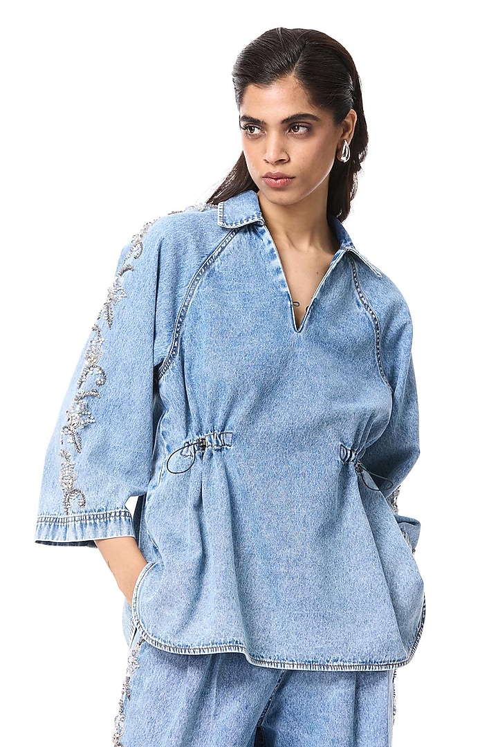 Denim Cotton Embellished Top by Kanika Goyal at Pernia's Pop Up Shop