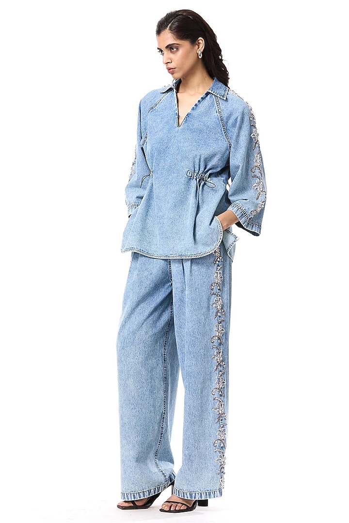Blue Cotton Embellished Pants by Kanika Goyal at Pernia's Pop Up Shop