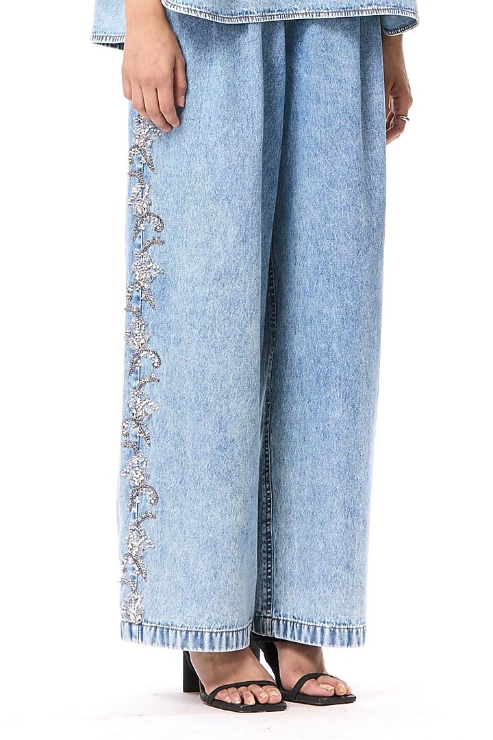 Blue Cotton Embellished Pants by Kanika Goyal at Pernia's Pop Up Shop