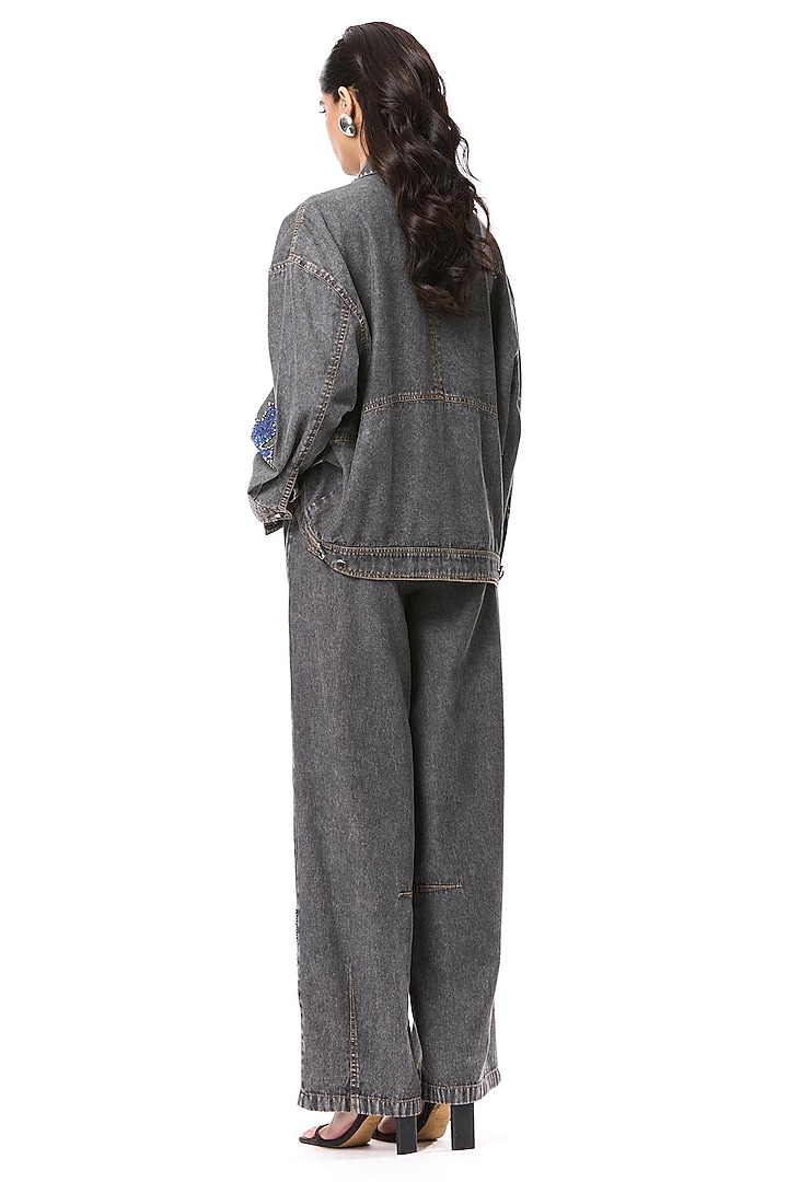 Black Cotton Hand Embellished Denim Pants by Kanika Goyal at Pernia's Pop Up Shop