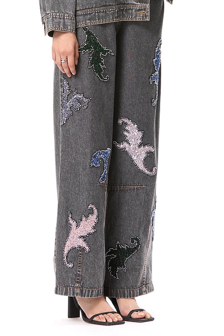 Black Cotton Hand Embellished Denim Pants by Kanika Goyal at Pernia's Pop Up Shop