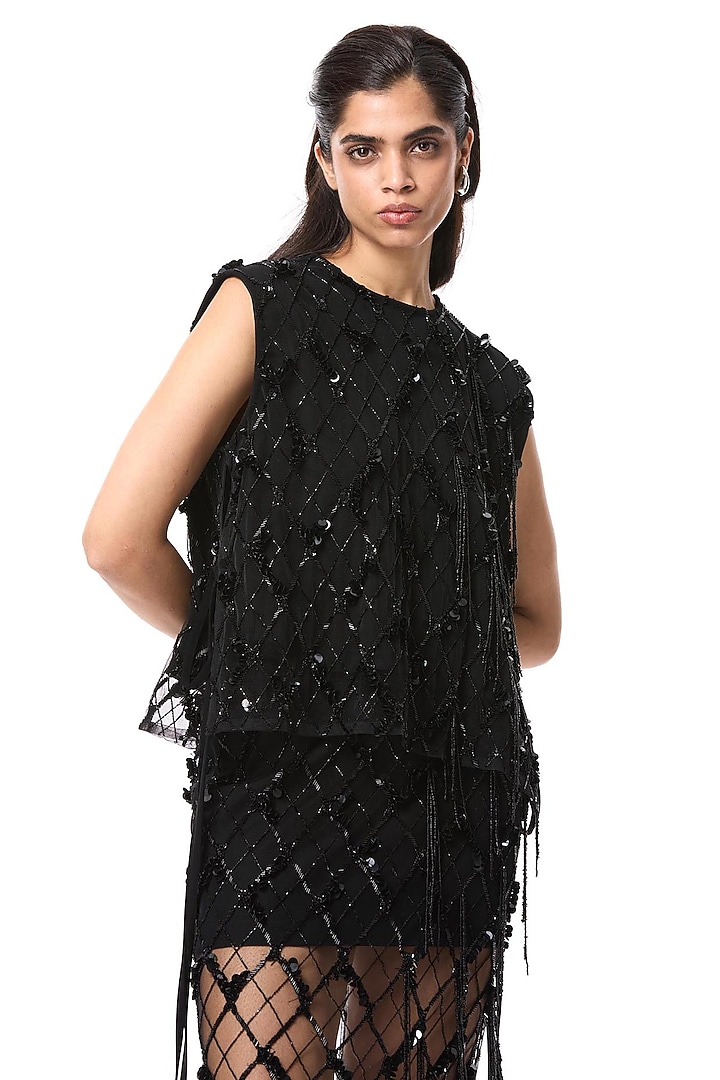 Black Polyester Hand Embellished Top by Kanika Goyal at Pernia's Pop Up Shop