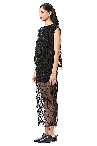 Black Polyester Hand Embellished Midi Skirt by Kanika Goyal
