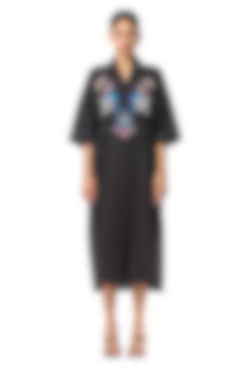 Black Linen Blend Embellished Cocktail Shirt Dress by Kanika Goyal at Pernia's Pop Up Shop