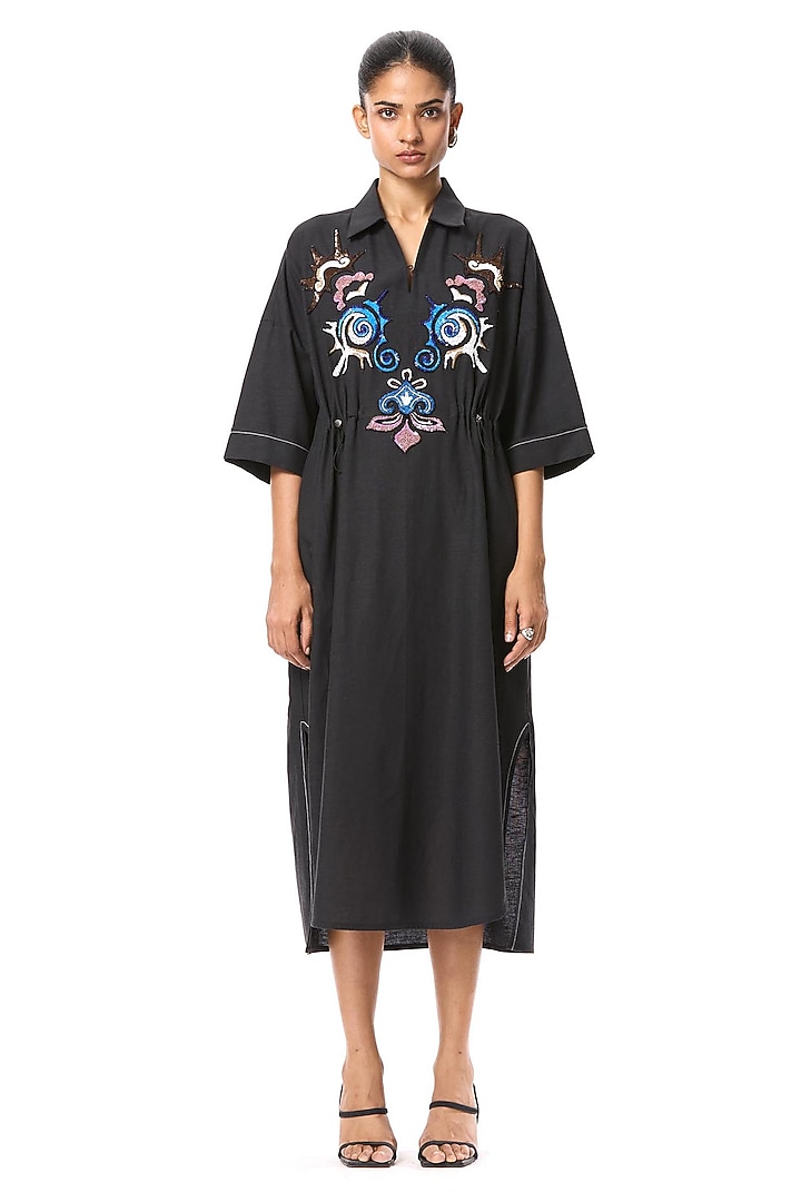 Black Linen Blend Embellished Cocktail Shirt Dress by Kanika Goyal at Pernia's Pop Up Shop