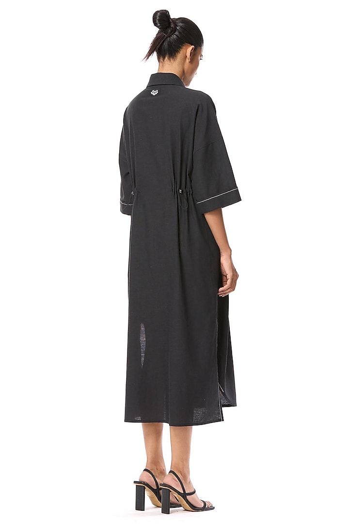 Black Linen Blend Embellished Cocktail Shirt Dress by Kanika Goyal at Pernia's Pop Up Shop