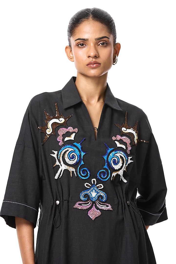 Black Linen Blend Embellished Cocktail Shirt Dress by Kanika Goyal at Pernia's Pop Up Shop