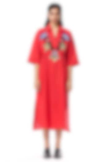 Red Linen Blend Embellished Cocktail Shirt Dress by Kanika Goyal at Pernia's Pop Up Shop