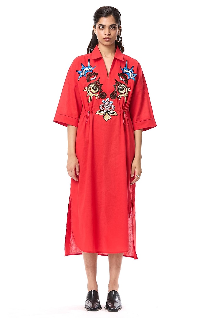 Red Linen Blend Embellished Cocktail Shirt Dress by Kanika Goyal at Pernia's Pop Up Shop