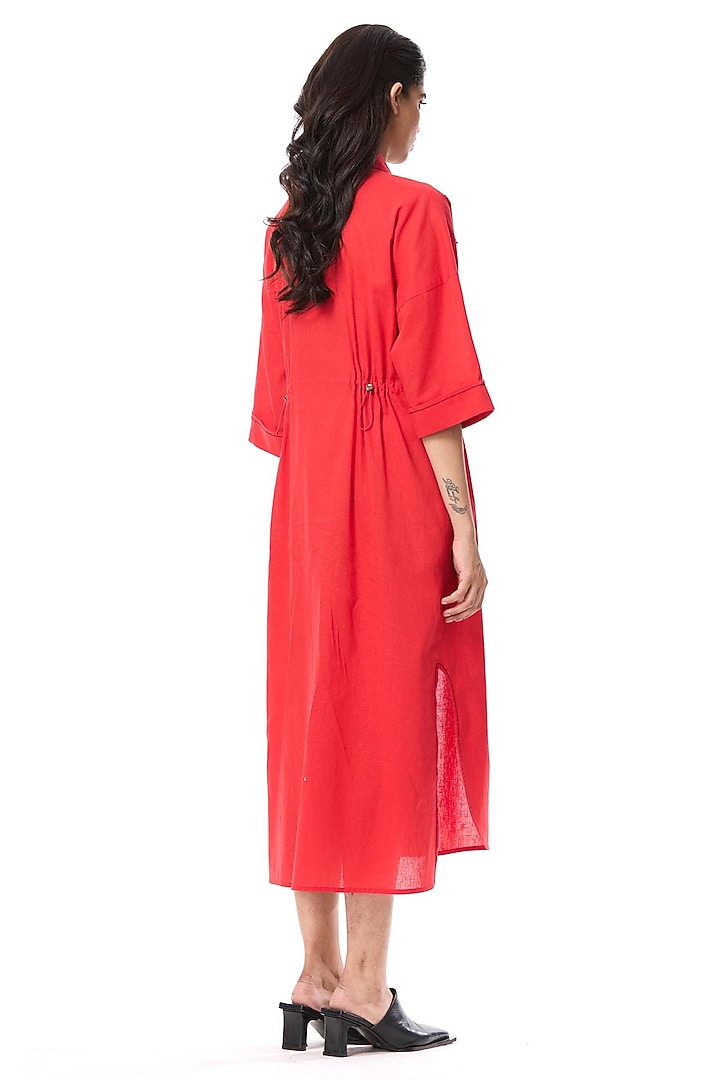 Red Linen Blend Embellished Cocktail Shirt Dress by Kanika Goyal at Pernia's Pop Up Shop