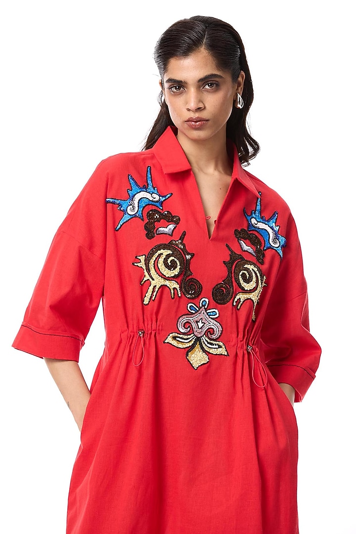 Red Linen Blend Embellished Cocktail Shirt Dress by Kanika Goyal at Pernia's Pop Up Shop