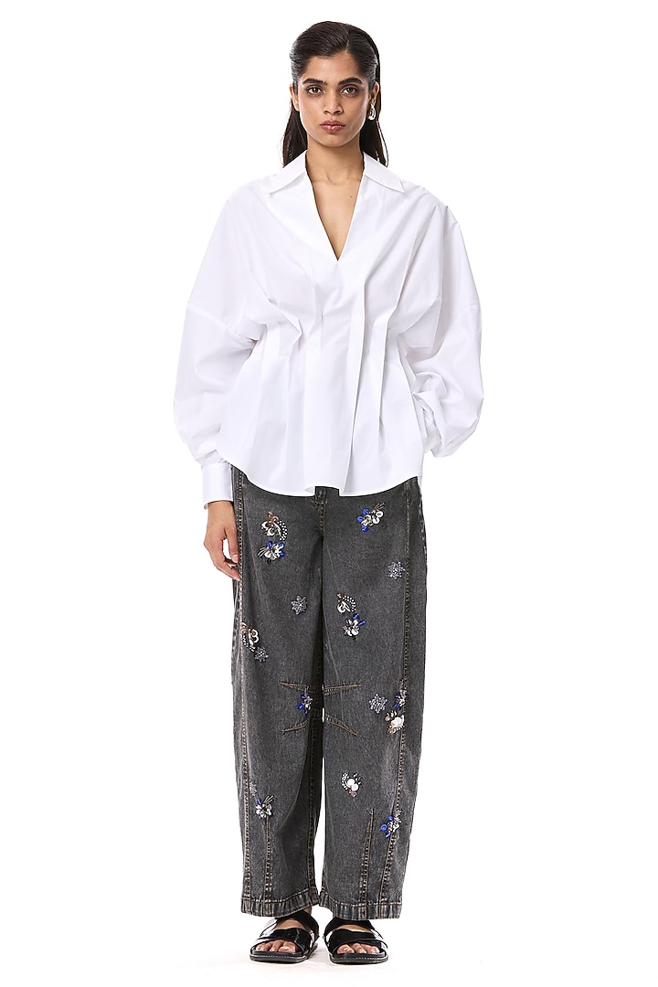 Black Cotton Embellished Denim Pants by Kanika Goyal at Pernia's Pop Up Shop