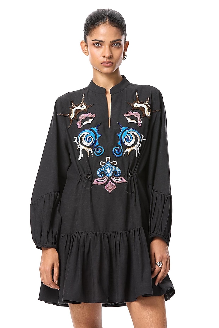 Black Linen Blend Hand Embellished Vacation Dress by Kanika Goyal at Pernia's Pop Up Shop