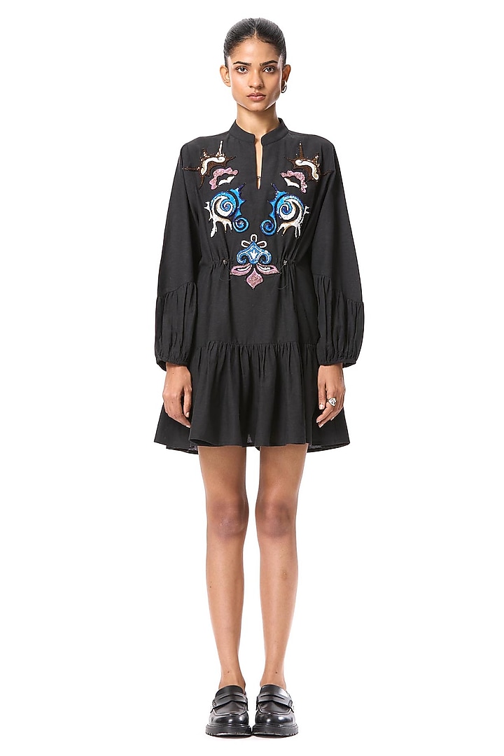 Black Linen Blend Hand Embellished Vacation Dress by Kanika Goyal at Pernia's Pop Up Shop