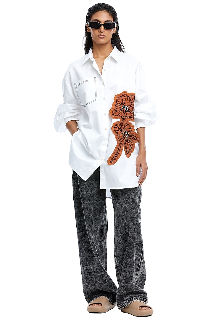 White Cotton Hand Embellished Shirt by Kanika Goyal at Pernia's Pop Up Shop