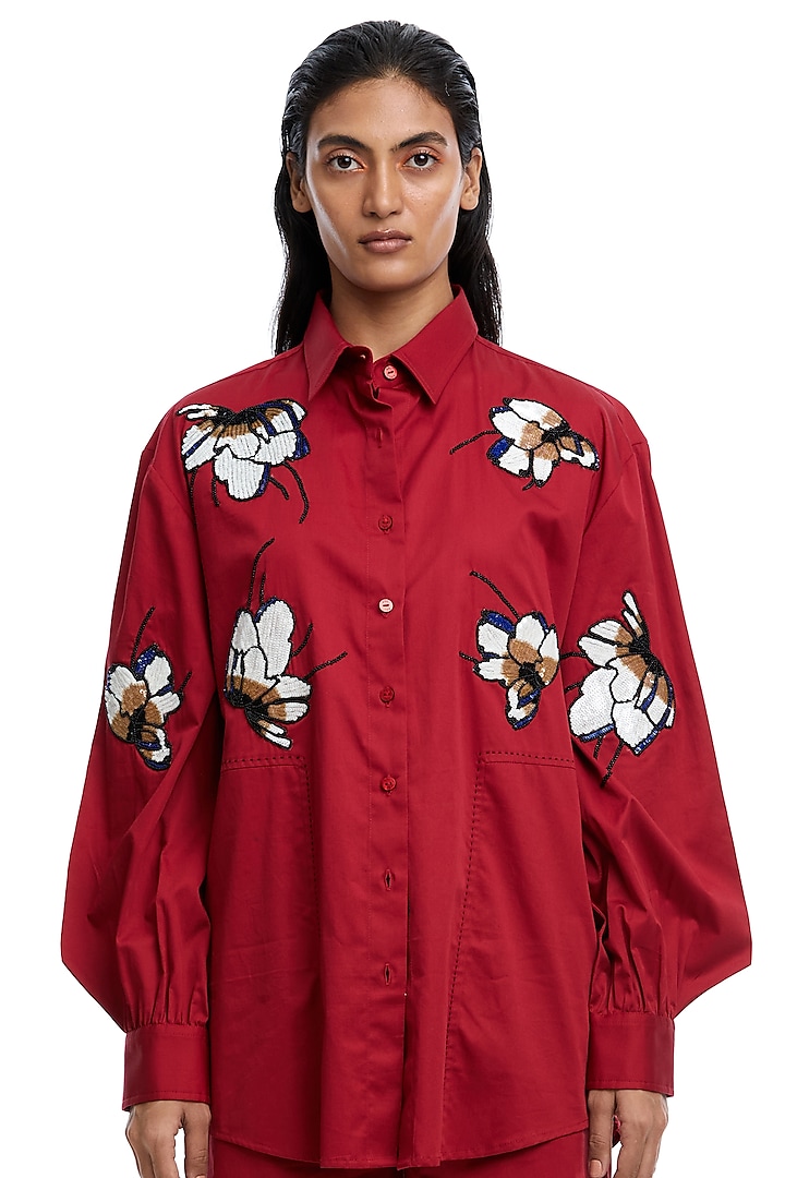 Red Cotton Embellished Shirt by Kanika Goyal at Pernia's Pop Up Shop