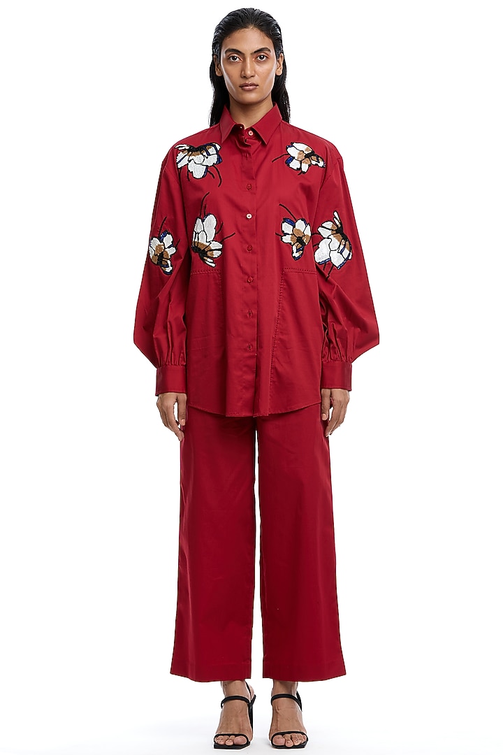 Red Cotton Embellished Shirt by Kanika Goyal at Pernia's Pop Up Shop