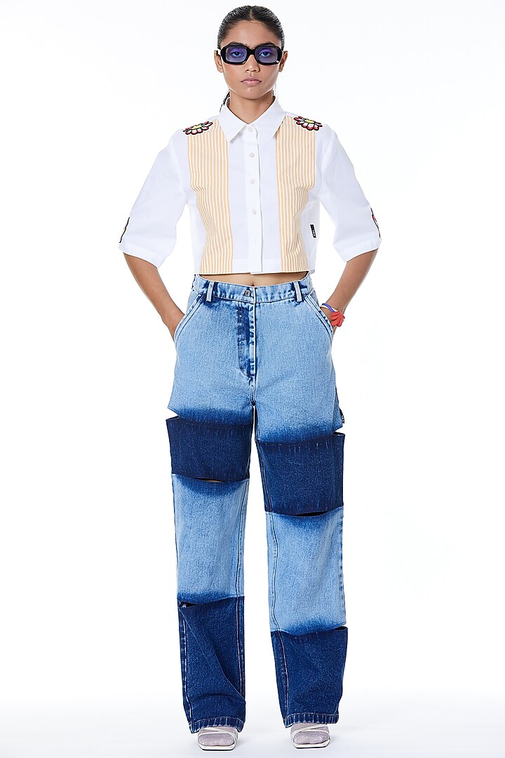 Yellow & Off-White Embroidered Cropped Shirt by Kanika Goyal at Pernia's Pop Up Shop