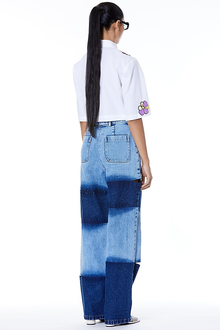 Yellow & Off-White Embroidered Cropped Shirt by Kanika Goyal at Pernia's Pop Up Shop