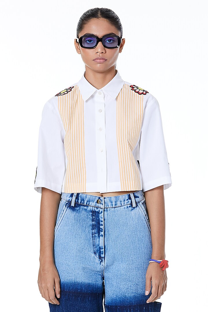 Yellow & Off-White Embroidered Cropped Shirt by Kanika Goyal