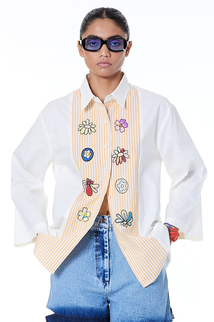 Yellow & Off-White Embroidered Shirt by Kanika Goyal