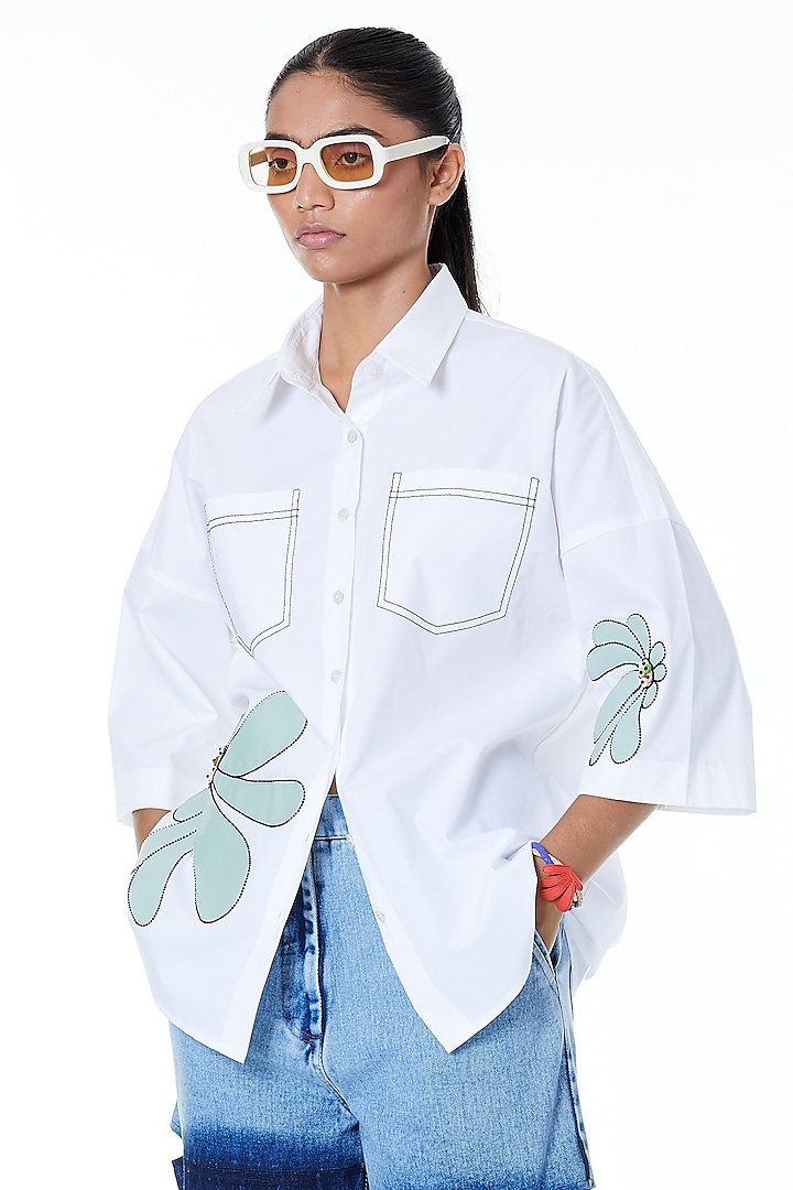 White Cotton Applique Shirt by Kanika Goyal