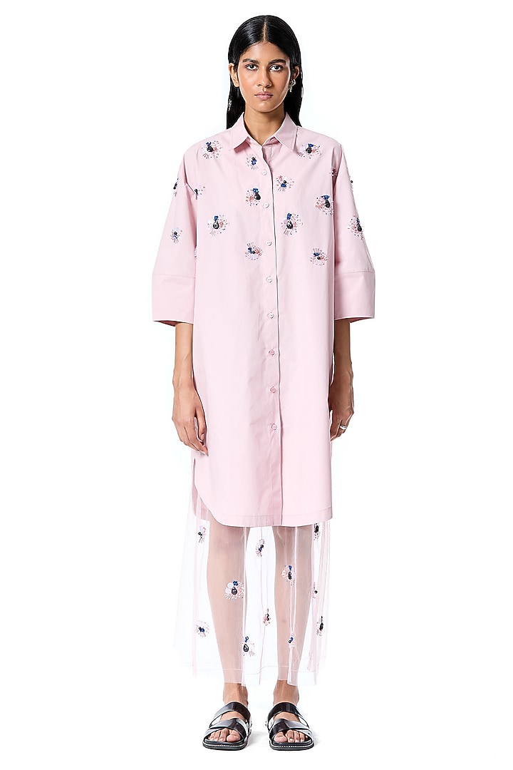 Pink Cotton Embellished Oversized Vacation Shirt Dress by Kanika Goyal at Pernia's Pop Up Shop