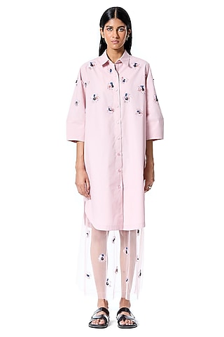 Pink Cotton Embellished Oversized Shirt Dress by Kanika Goyal