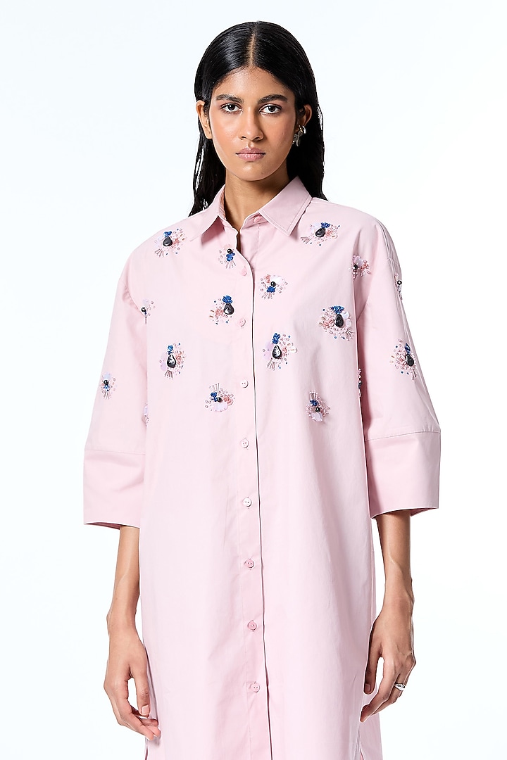 Pink Cotton Embellished Oversized Vacation Shirt Dress by Kanika Goyal at Pernia's Pop Up Shop