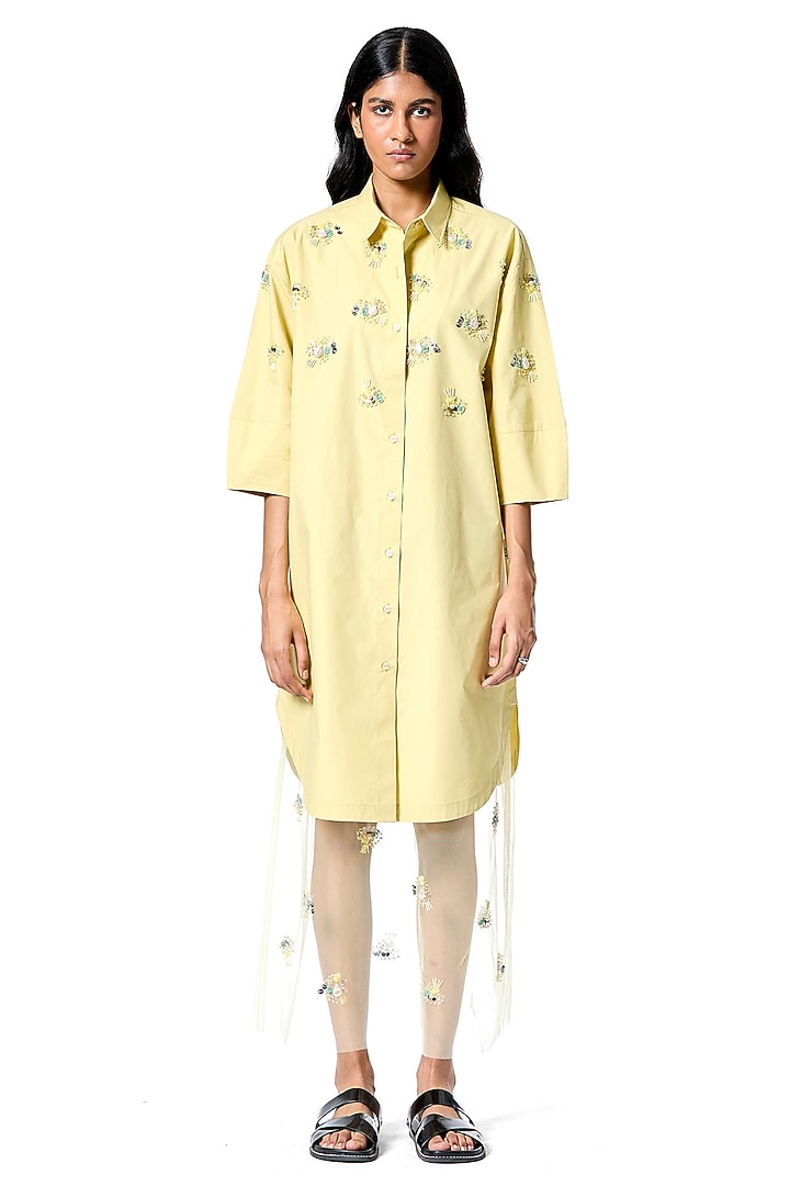 Yellow Cotton Embellished Oversized Vacation Shirt Dress by Kanika Goyal at Pernia's Pop Up Shop