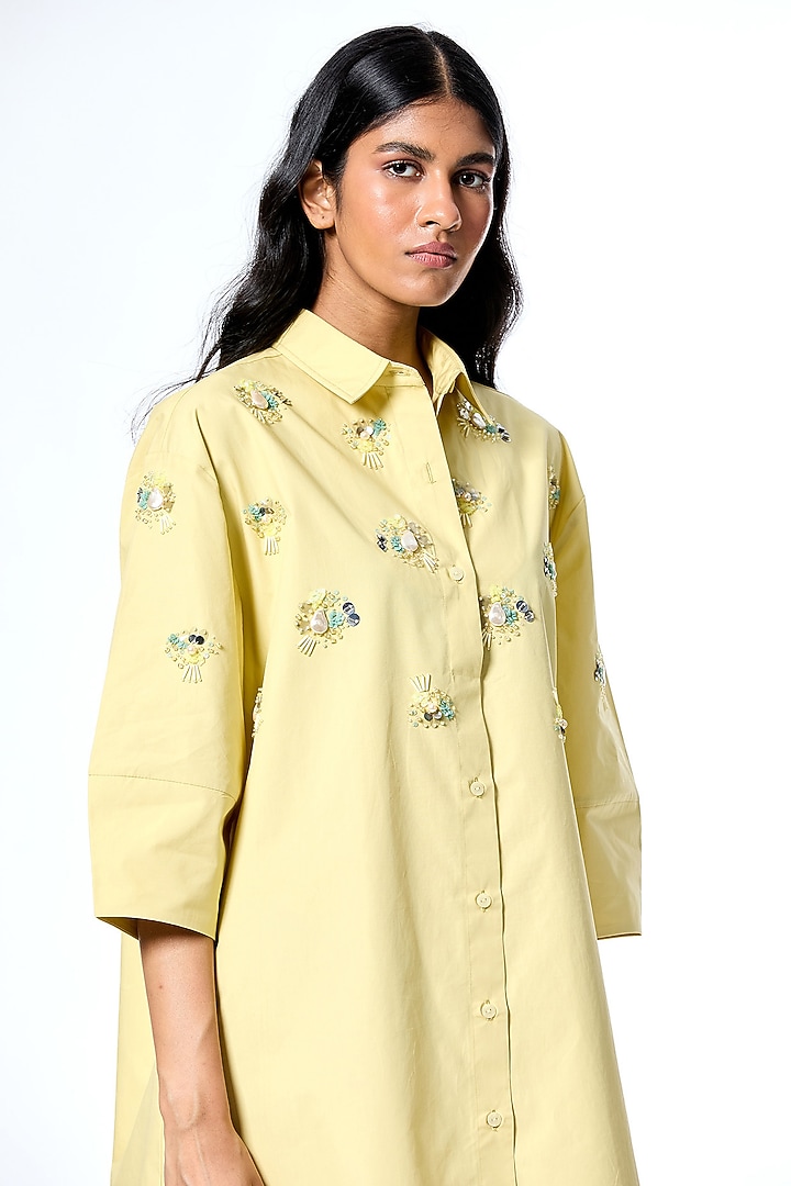Yellow Cotton Embellished Oversized Vacation Shirt Dress by Kanika Goyal at Pernia's Pop Up Shop