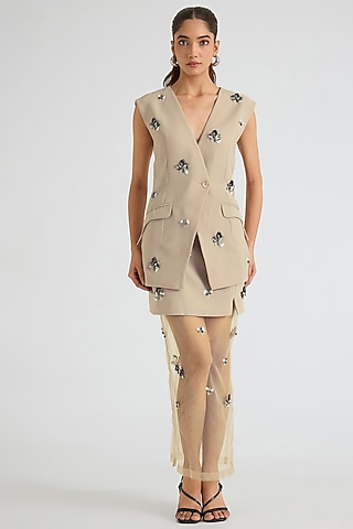 Beige Polyester Embellished Skirt Set by Kanika Goyal