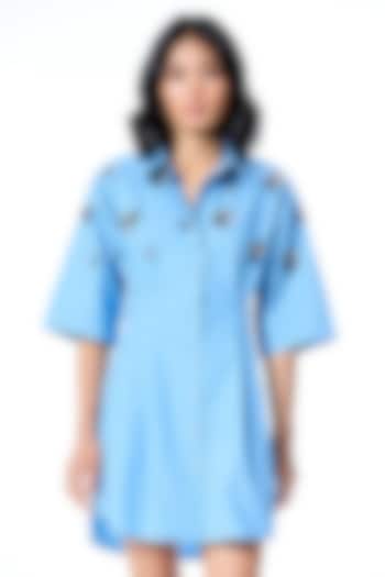 Blue Cotton Embellished Vacation Shirt Dress by Kanika Goyal at Pernia's Pop Up Shop