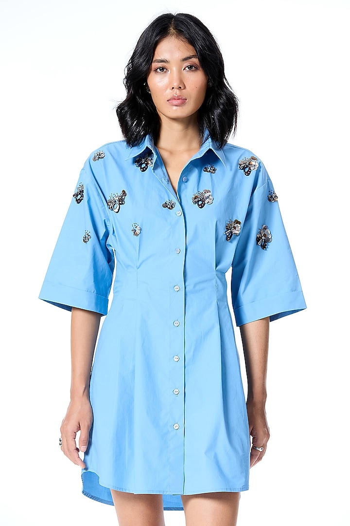 Blue Cotton Embellished Vacation Shirt Dress by Kanika Goyal at Pernia's Pop Up Shop