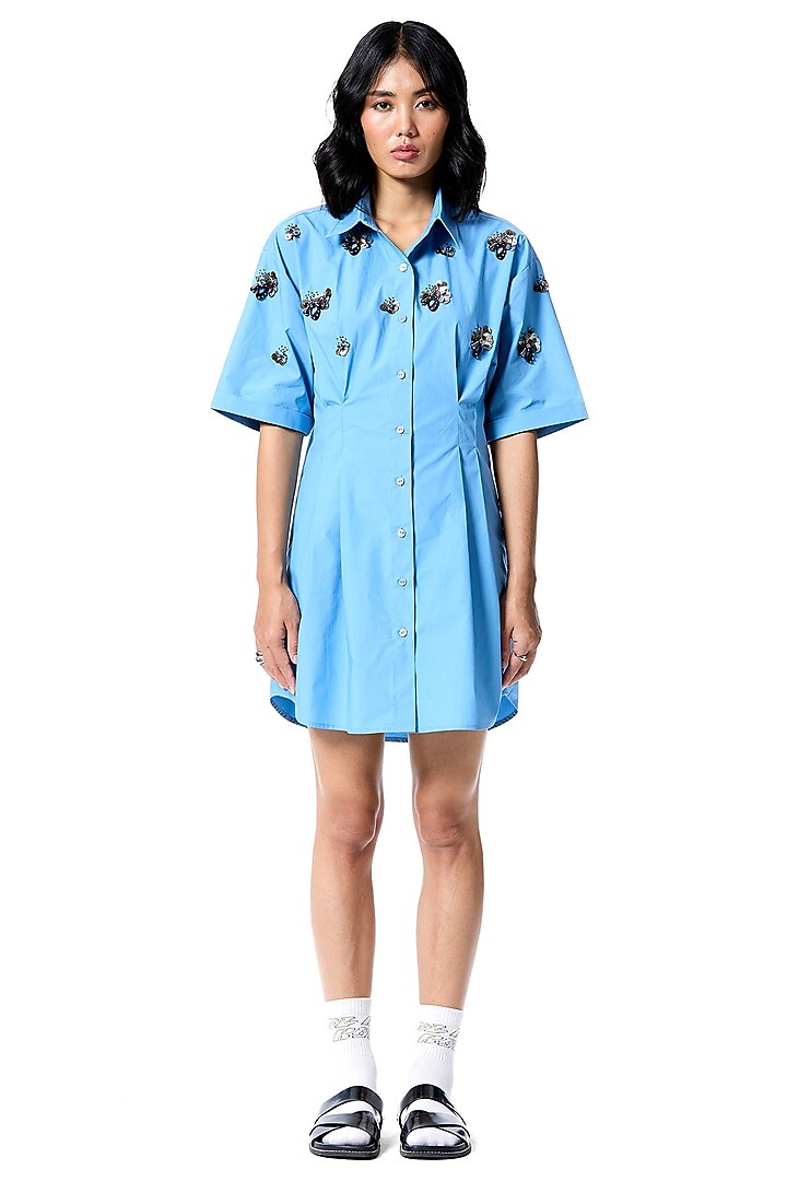 Blue Cotton Embellished Vacation Shirt Dress by Kanika Goyal at Pernia's Pop Up Shop
