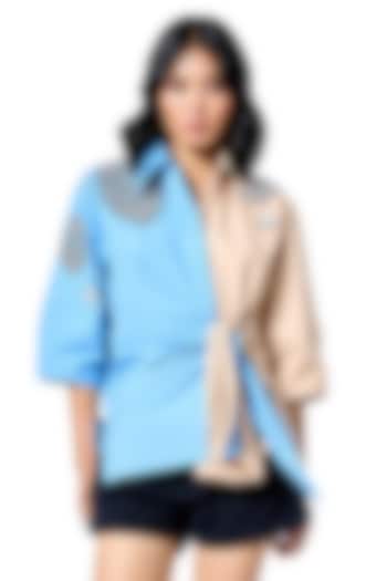 Blue & Beige Cotton Hand Embroidered Shirt by Kanika Goyal at Pernia's Pop Up Shop