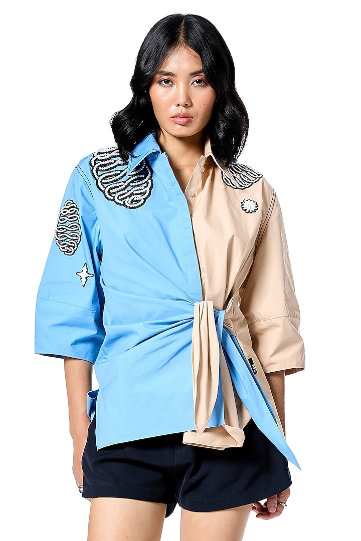 Blue & Beige Cotton Hand Embroidered Shirt by Kanika Goyal at Pernia's Pop Up Shop