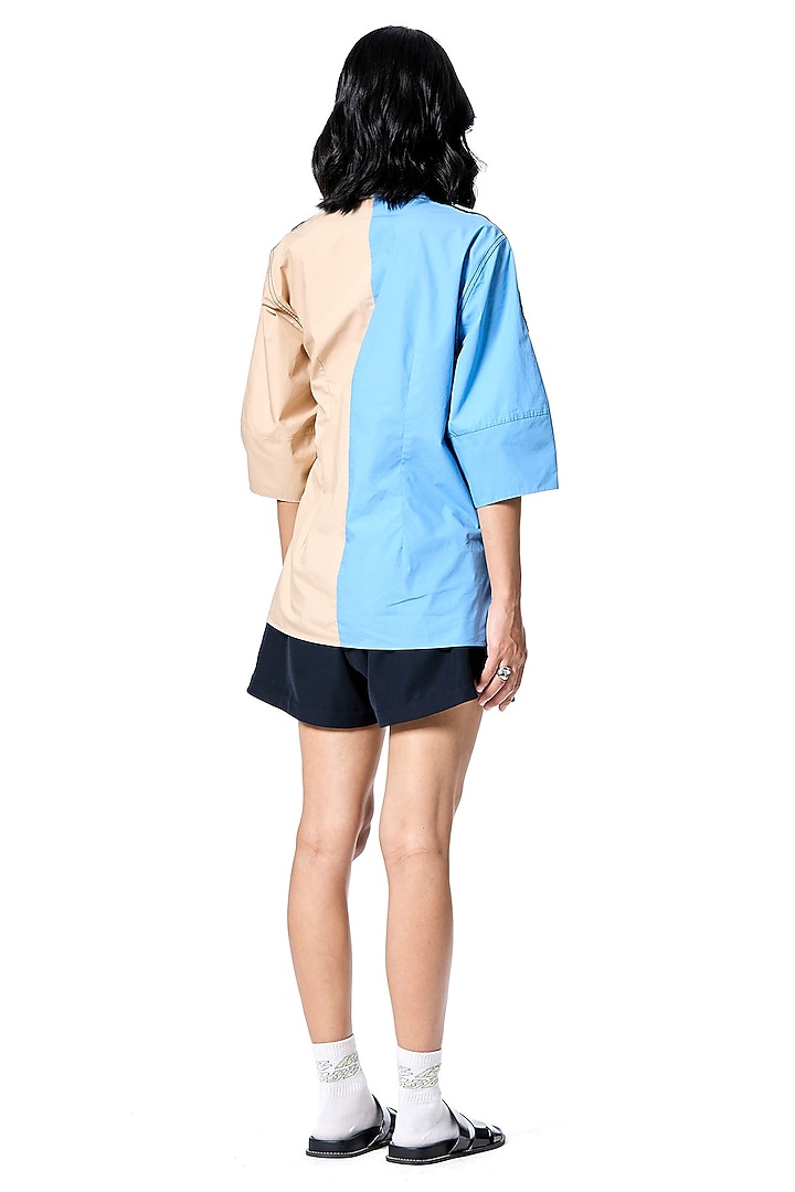 Blue & Beige Cotton Hand Embroidered Shirt by Kanika Goyal at Pernia's Pop Up Shop