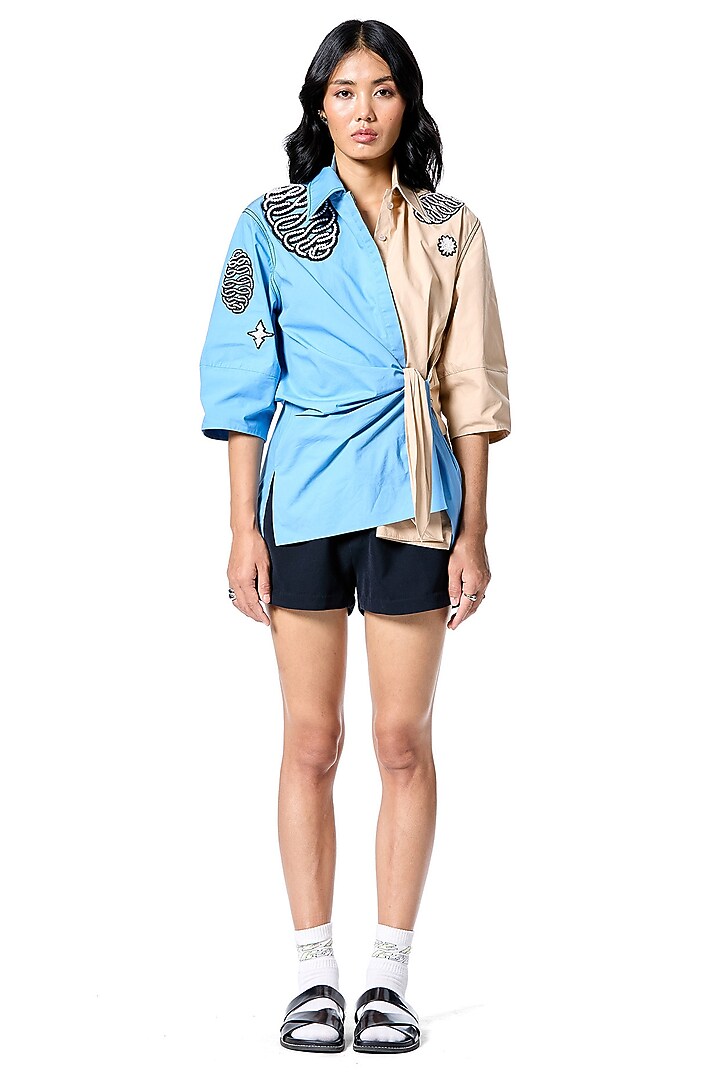 Blue & Beige Cotton Hand Embroidered Shirt by Kanika Goyal at Pernia's Pop Up Shop