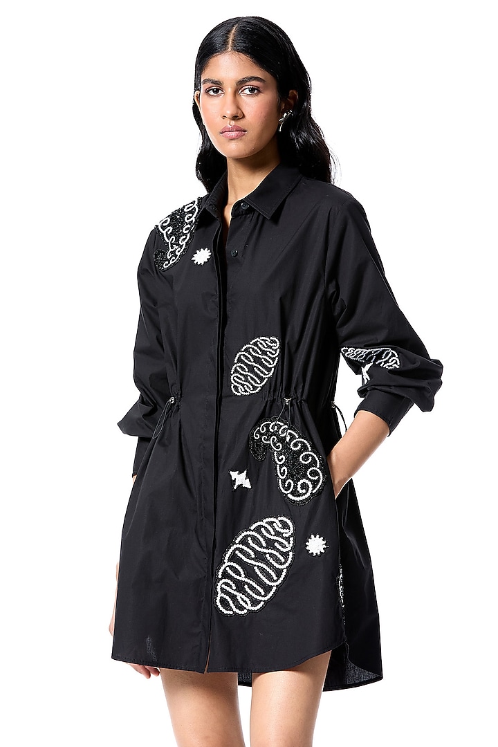 Black Cotton Embellished Vacation Shirt Dress by Kanika Goyal at Pernia's Pop Up Shop