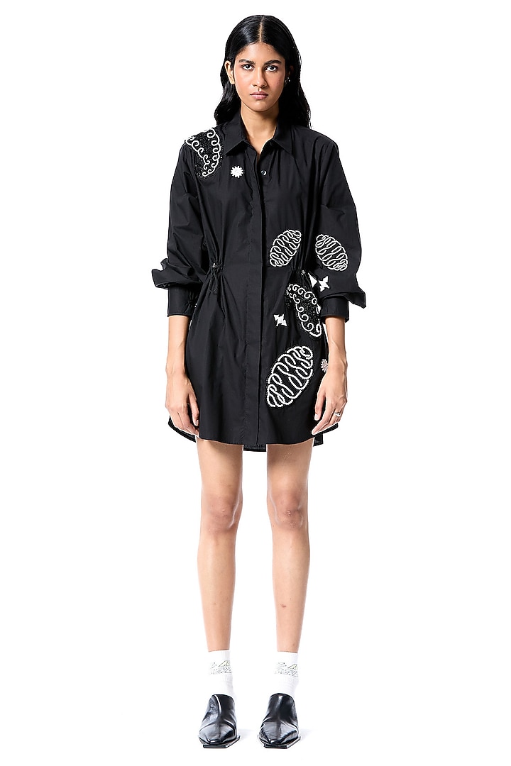 Black Cotton Embellished Vacation Shirt Dress by Kanika Goyal at Pernia's Pop Up Shop
