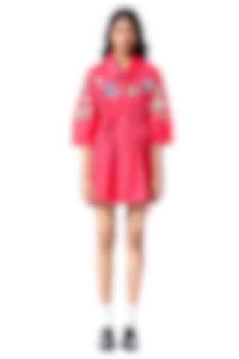 Red Cotton Embellished Vacation Shirt Dress by Kanika Goyal at Pernia's Pop Up Shop