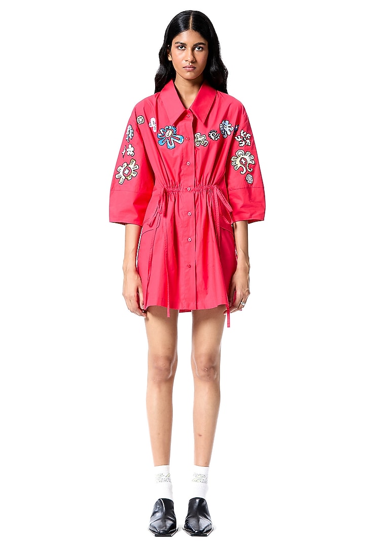 Red Cotton Embellished Vacation Shirt Dress by Kanika Goyal at Pernia's Pop Up Shop